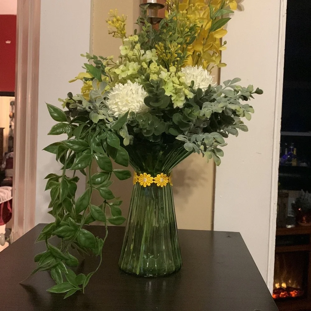 Hand Crafted- spring faux floral arrangement with accent vase